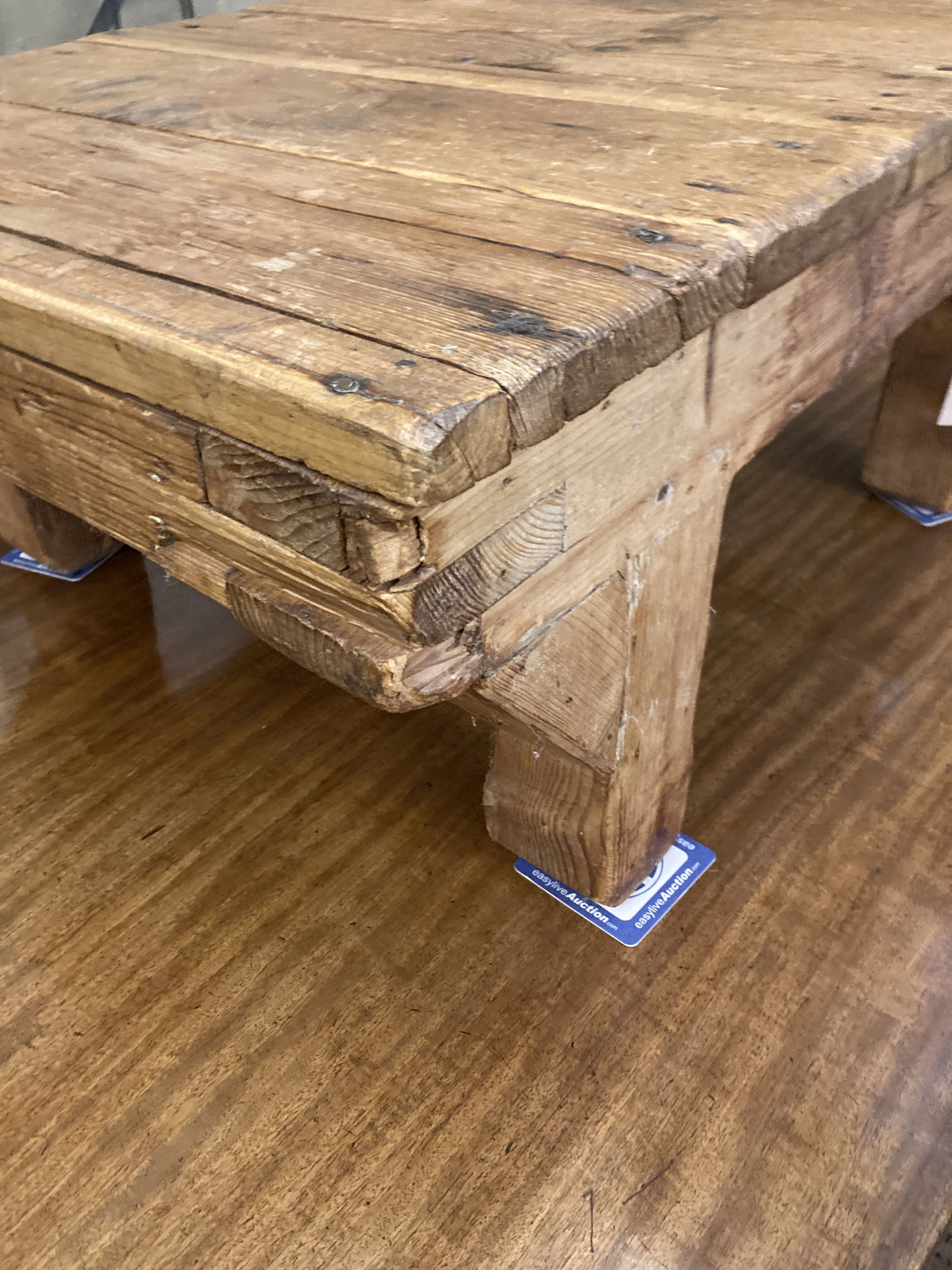 A 19th century provincial pine low dairy table, width 94cm depth 71cm height 39cm